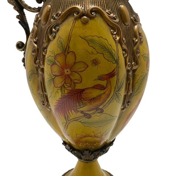 Antique Handpainted Porcelain Large Brass Footed Ewer - Picture 3 of 8